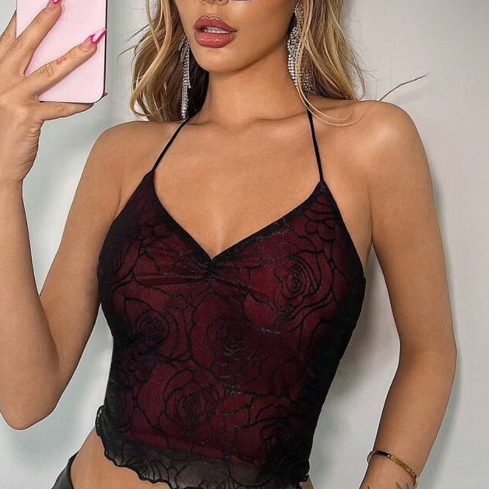 red and black lace tie halter top